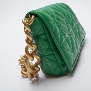 Zara Green Quilted Golden Chain Shoulder Bag Bloggers favorite.